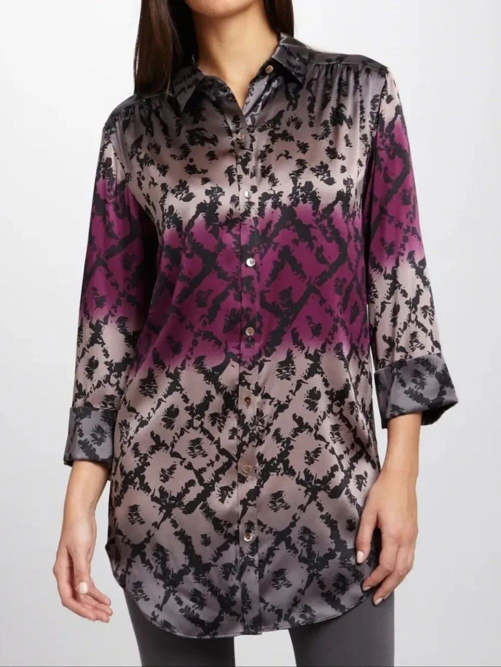 Adrienne Vittanidi Purple Gray Long Sleeve Button Down Shirt Tunic Size XL
